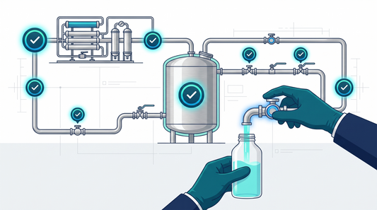 Schema dei punti di campionamento lungo un loop di distribuzione di acqua farmaceutica, dalla generazione alle utenze