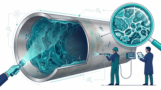 Interno di una tubazione in acciaio inossidabile di un sistema di acqua farmaceutica con deposito superficiale e colorazione da rouging