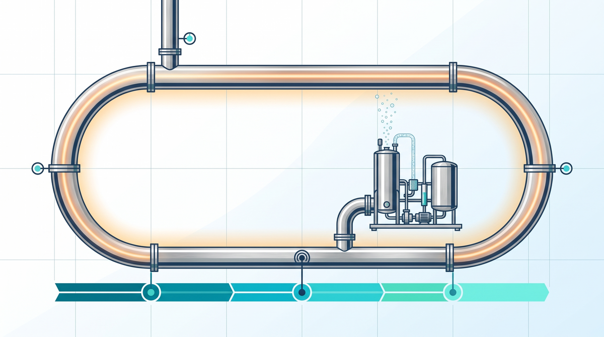 Rappresentazione concettuale di un ciclo di sanitizzazione di un sistema di acqua farmaceutica: serbatoio, loop di distribuzione e punti di misura al punto peggiore