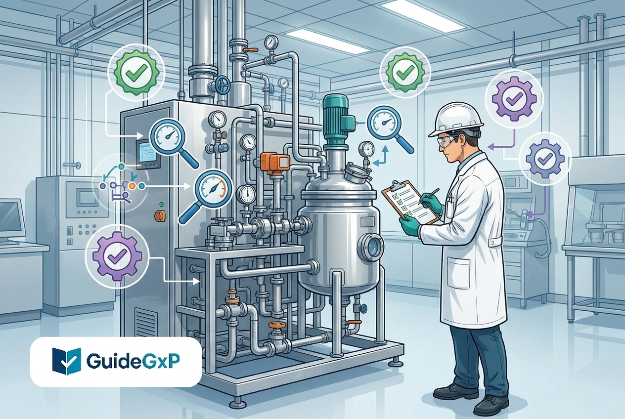 Illustrazione editoriale GuideGxP a colori sul tema GMP: qualifica IQ OQ PQ di un'apparecchiatura farmaceutica.
