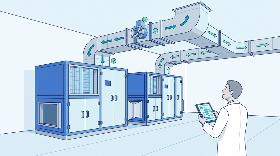 Illustrazione di due AHU in centrale tecnica con canali di mandata, ripresa ed espulsione e un ingegnere con tablet