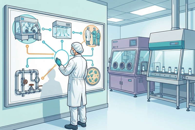 Illustrazione editoriale GuideGxP a colori sul tema GMP: contamination control strategy secondo Annex 1.
