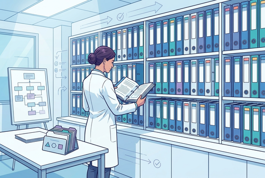 Illustrazione editoriale GuideGxP a colori sul tema GMP: sistema di numerazione e codifica delle SOP nell'archivio documentale di un ufficio qualità farmaceutico.