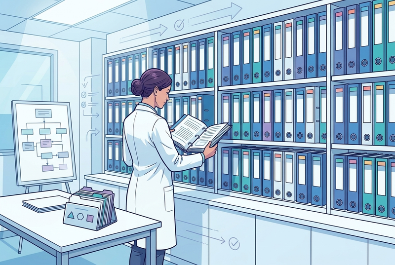 Illustrazione editoriale GuideGxP a colori sul tema GMP: sistema di numerazione e codifica delle SOP nell'archivio documentale di un ufficio qualità farmaceutico.