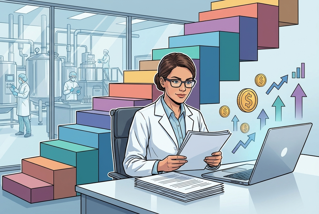 Illustrazione editoriale GuideGxP a colori sul tema GMP: stipendio e crescita di carriera nella Quality Assurance farmaceutica.