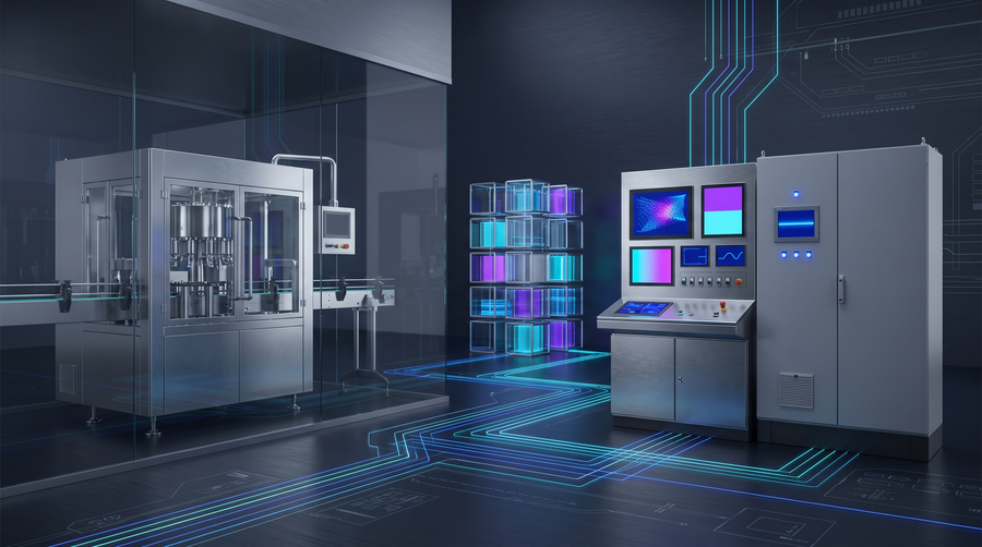 Architettura di controllo di una linea di riempimento asettico: macchina in barriera, pannello operatore, quadro elettrico e percorsi dati luminosi