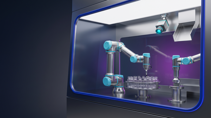 Interno di isolatore per fill-finish asettico con bracci robotici, nest di contenitori, telecamera di visione e barriera in vetro senza glove port