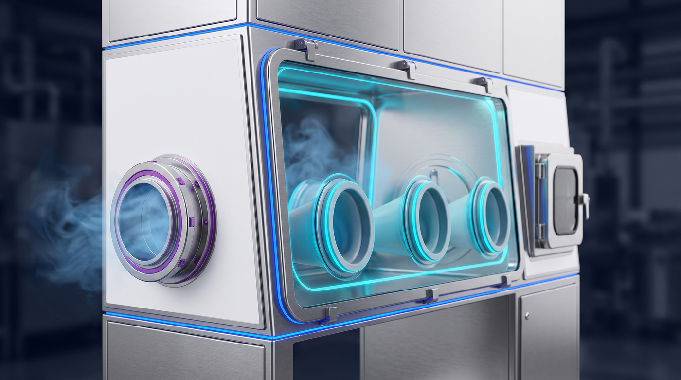 Interfacce di una barriera farmaceutica: rapid transfer port con anello alpha-beta, glove port con manicotti e pass-through sigillato