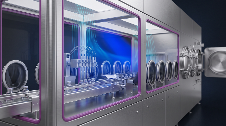 Linea di riempimento asettico in barriera chiusa con glove port, flusso unidirezionale visualizzato e interfaccia di carico verso una camera di liofilizzazione