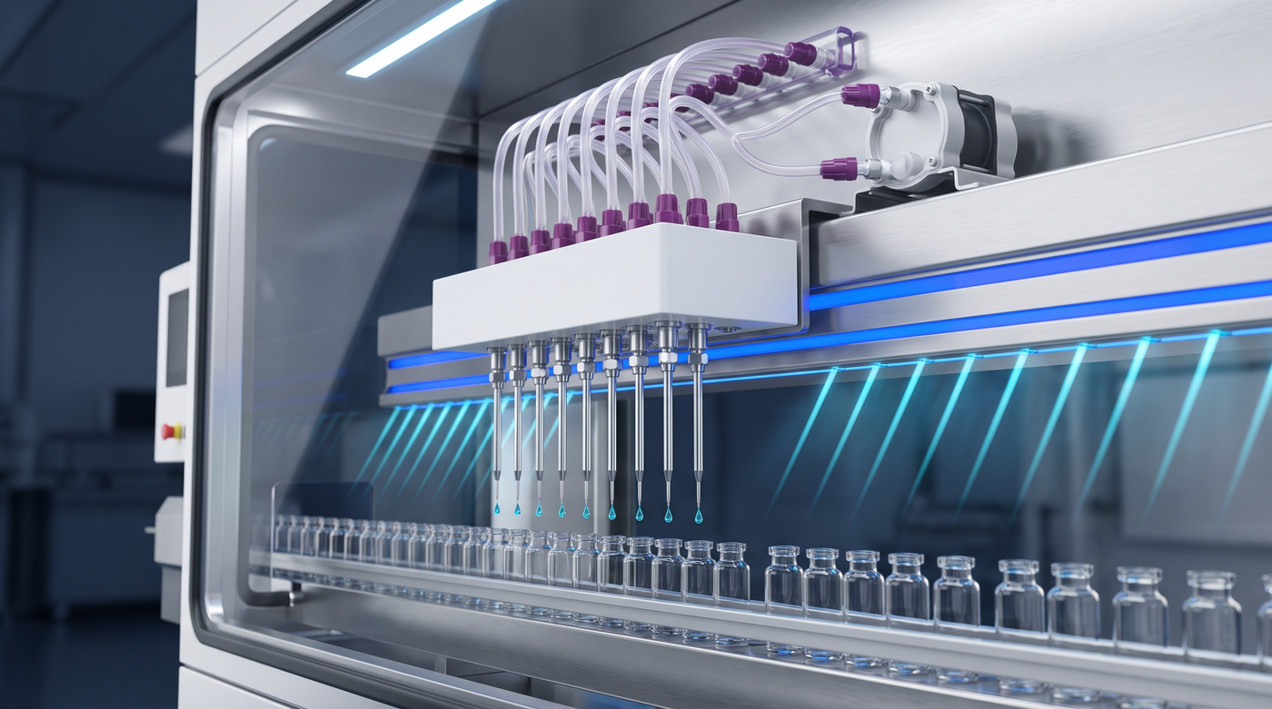Stazione di riempimento asettico con needle in acciaio, manifold di tubing single-use e testa di dosaggio sopra vial vuoti in barriera
