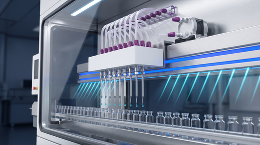 Stazione di riempimento asettico con needle in acciaio, manifold di tubing single-use e testa di dosaggio sopra vial vuoti in barriera