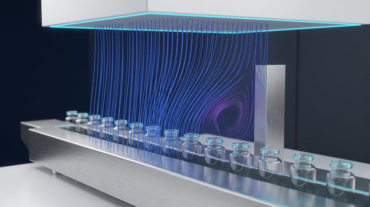 Zona critica Grade A con flusso unidirezionale visualizzato in streamline blu sopra contenitori aperti e vortice generato da un ostacolo