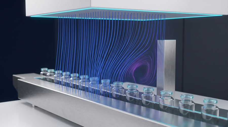 Zona critica Grade A con flusso unidirezionale visualizzato in streamline blu sopra contenitori aperti e vortice generato da un ostacolo