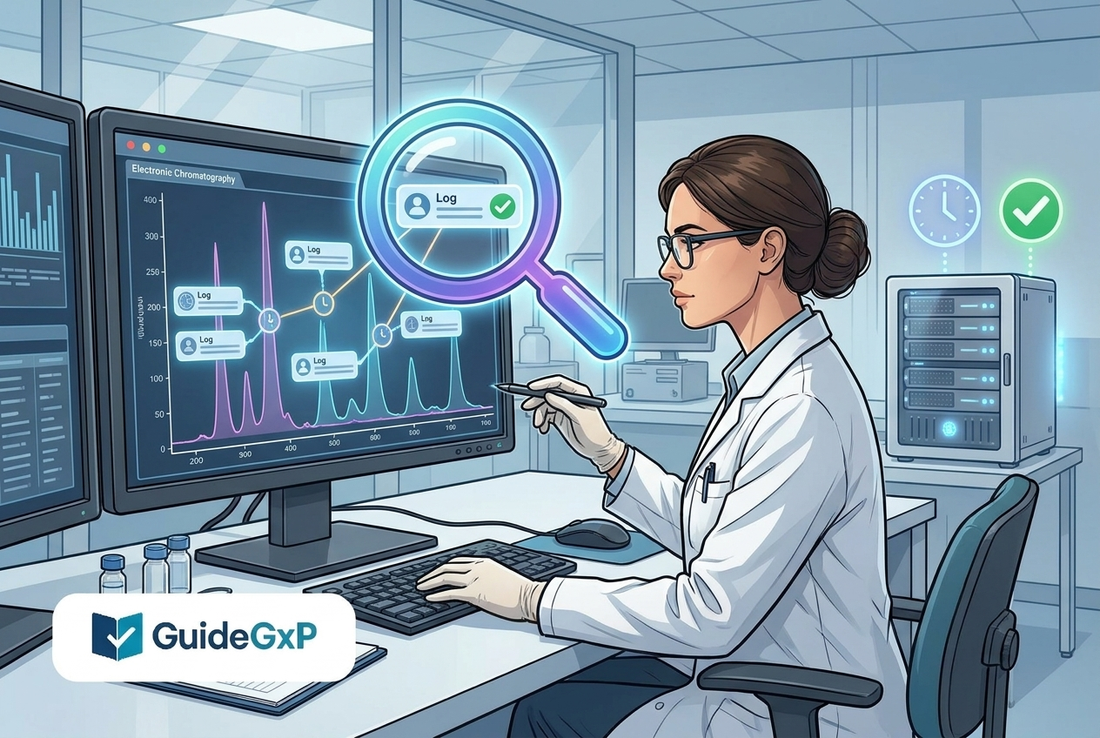 Illustrazione editoriale GuideGxP a colori sul tema GMP: audit trail e data integrity dei sistemi computerizzati.