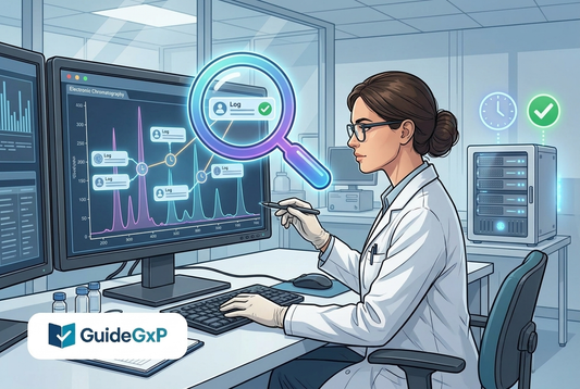 Illustrazione editoriale GuideGxP a colori sul tema GMP: audit trail e data integrity dei sistemi computerizzati.