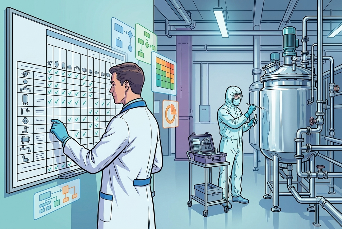 Illustrazione editoriale GuideGxP a colori sul tema GMP: cleaning validation master plan e convalida della pulizia.