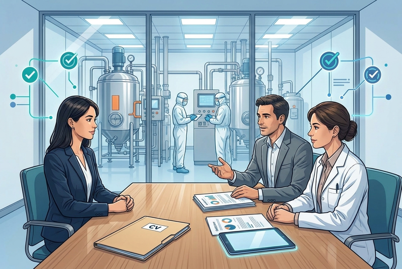 Illustrazione editoriale GuideGxP a colori sul tema GMP: colloquio di lavoro Quality Assurance nel settore farmaceutico.