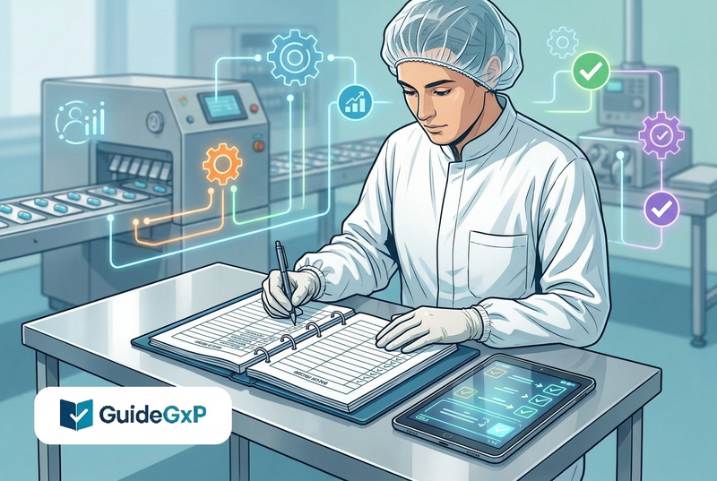 Illustrazione editoriale GuideGxP a colori sul tema GMP: batch record e documentazione di lotto in produzione farmaceutica.