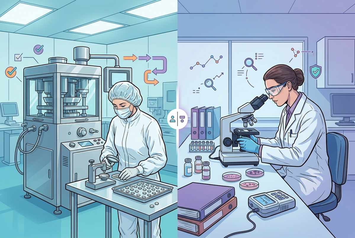 Illustrazione editoriale GuideGxP a colori sul tema GMP: differenza tra GMP e GLP, produzione farmaceutica e laboratorio non clinico a confronto.