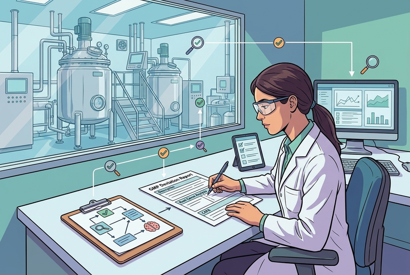 Illustrazione editoriale GuideGxP a colori sul tema GMP: scrittura di un rapporto di deviazione in un ufficio qualità farmaceutico.