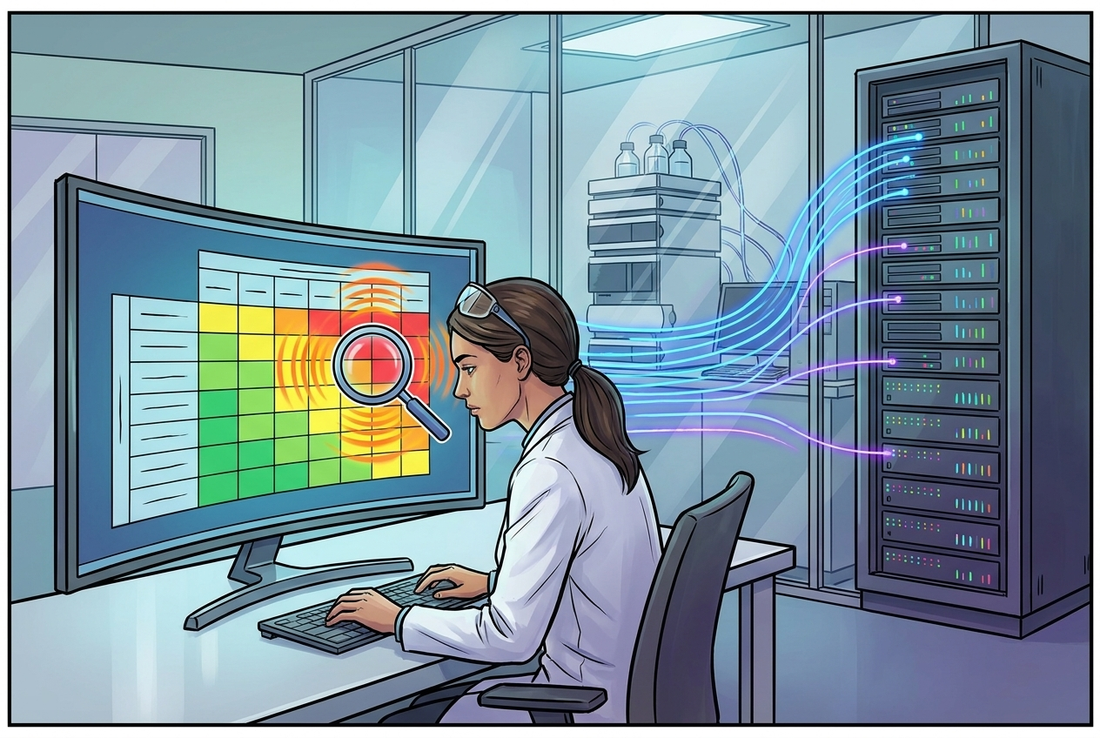 Illustrazione editoriale GuideGxP a colori sul tema GMP: data integrity risk assessment con matrice di rischio e flussi di dati di laboratorio.