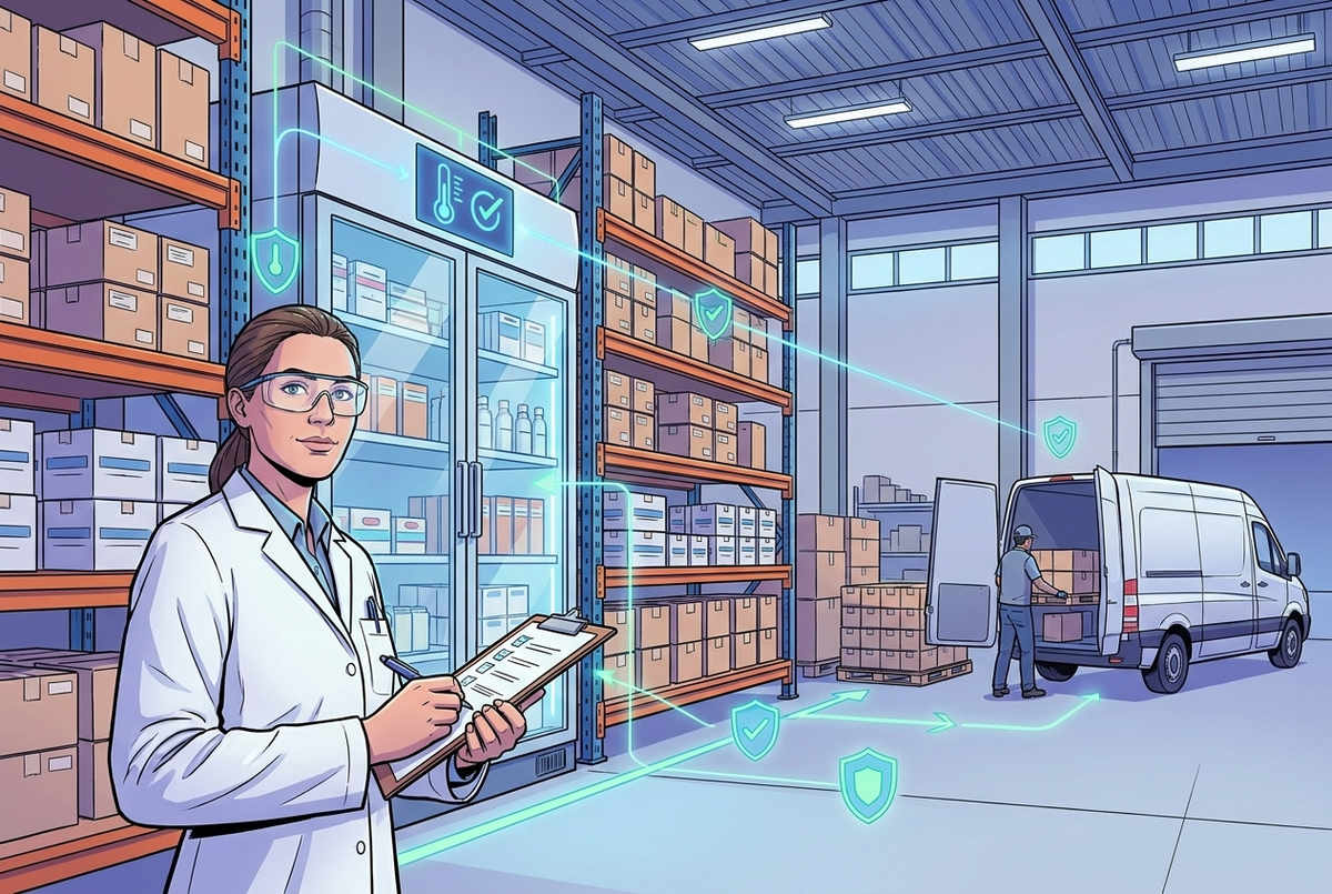 Illustrazione editoriale GuideGxP a colori sul tema GMP: Responsible Person GDP e distribuzione farmaceutica.