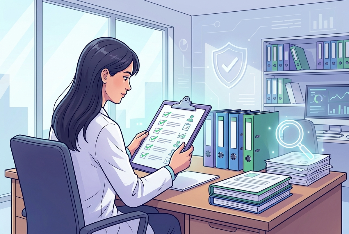 Illustrazione editoriale GuideGxP a colori sul tema GMP: audit di farmacovigilanza con checklist GVP.