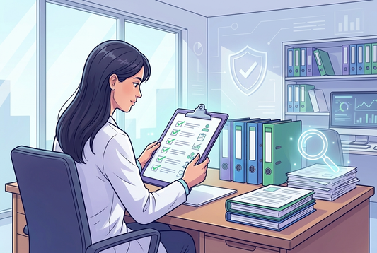 Illustrazione editoriale GuideGxP a colori sul tema GMP: audit di farmacovigilanza con checklist GVP.