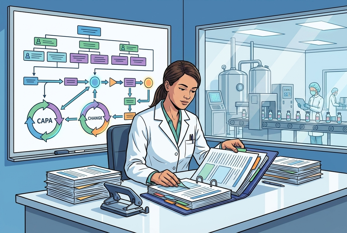 Illustrazione editoriale GuideGxP a colori sul tema GMP: elaborazione del manuale di qualità del sistema di qualità farmaceutico.