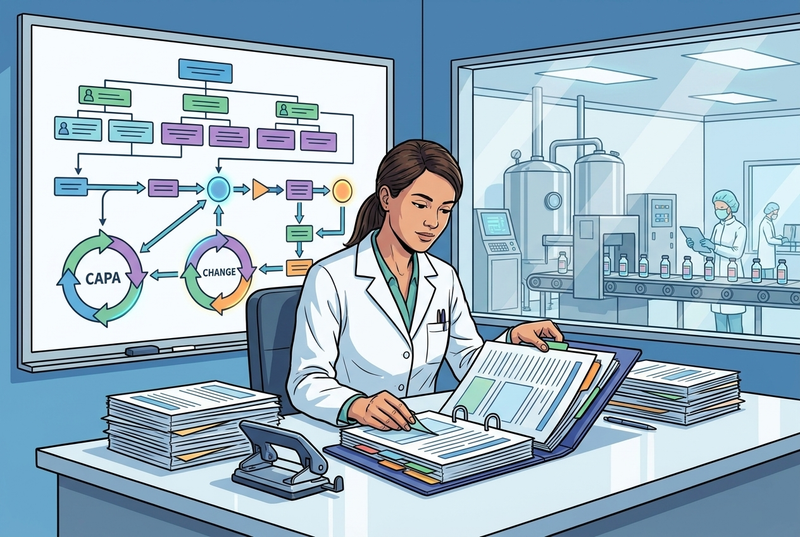 Illustrazione editoriale GuideGxP a colori sul tema GMP: elaborazione del manuale di qualità del sistema di qualità farmaceutico.