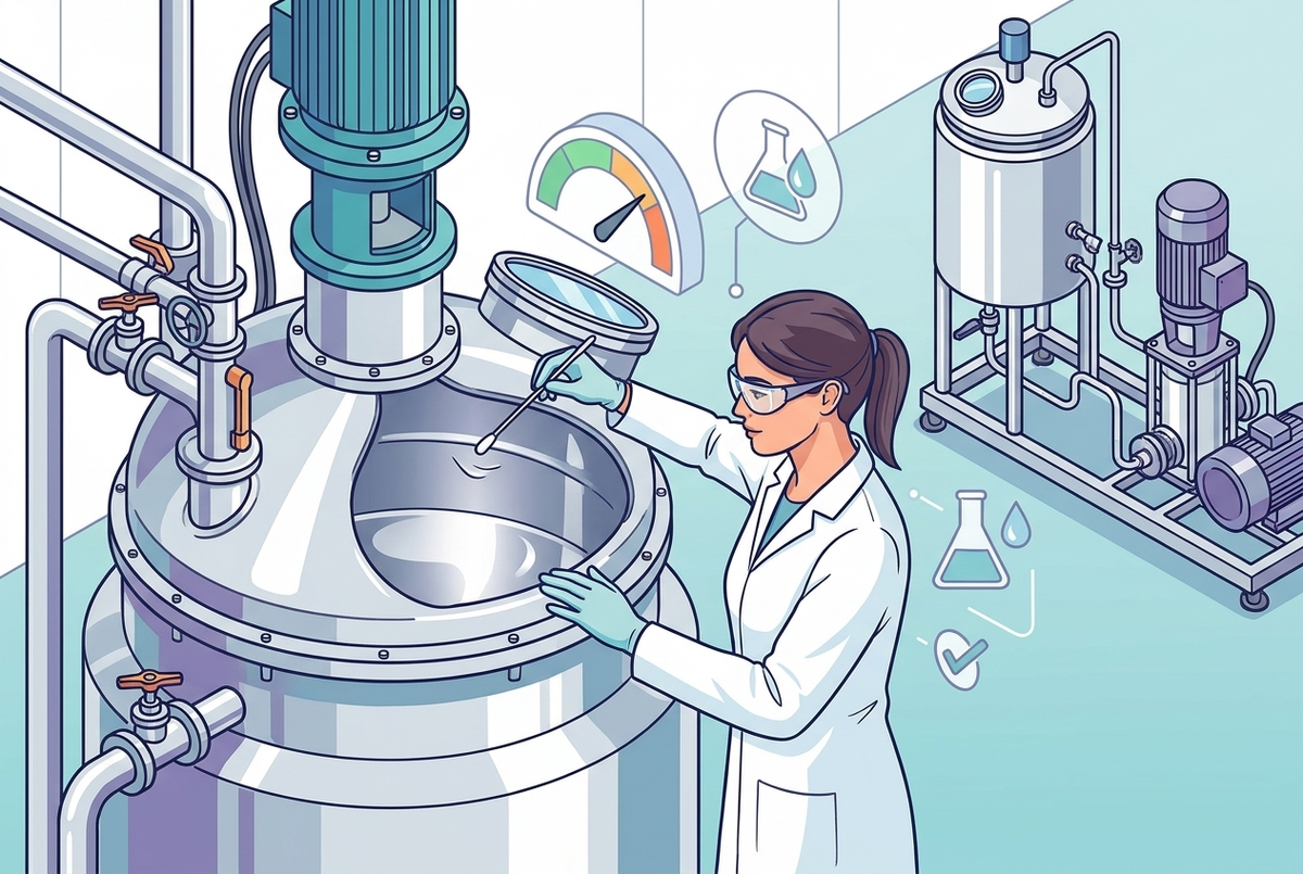 Illustrazione editoriale GuideGxP a colori sul tema GMP: calcolo dei criteri di accettazione della cleaning validation.