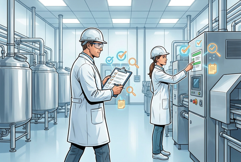 Illustrazione editoriale GuideGxP a colori sul tema GMP: checklist audit GMP durante un'autoispezione in stabilimento farmaceutico.