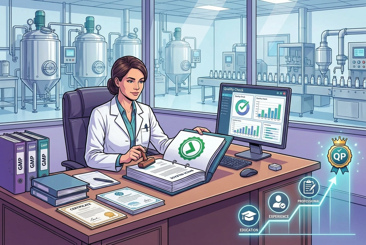 Illustrazione editoriale GuideGxP a colori sul tema GMP: come diventare Qualified Person e certificare il rilascio dei lotti.