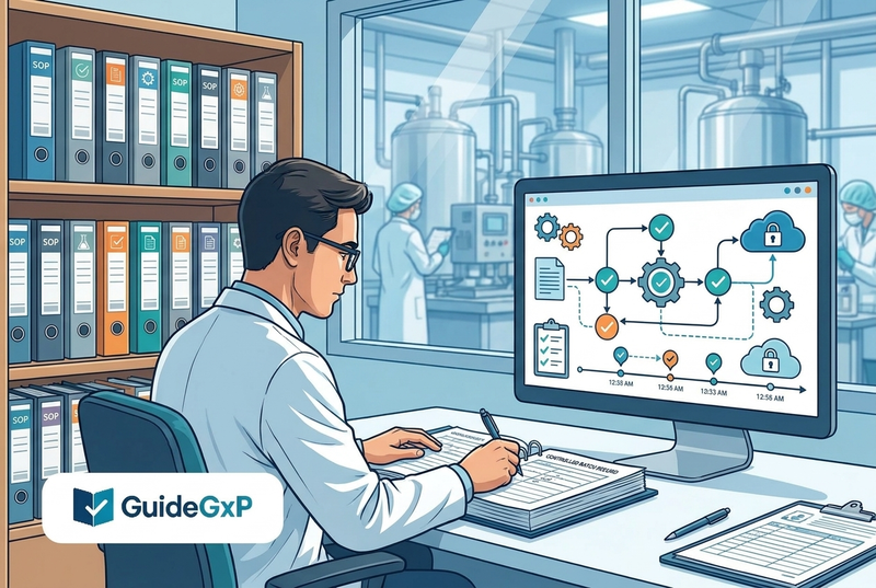 Illustrazione editoriale GuideGxP a colori sul tema GMP: documentazione e batch record secondo il Capitolo 4 EU GMP.