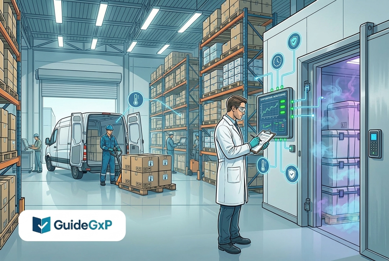 Illustrazione editoriale GuideGxP a colori sul tema GMP: checklist audit GDP per stoccaggio e trasporto dei farmaci.
