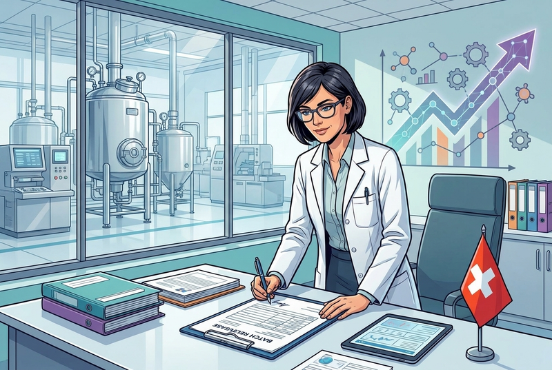 Illustrazione editoriale GuideGxP a colori sul tema GMP: la fachtechnisch verantwortliche Person (FvP) e lo stipendio del responsabile tecnico in Svizzera.