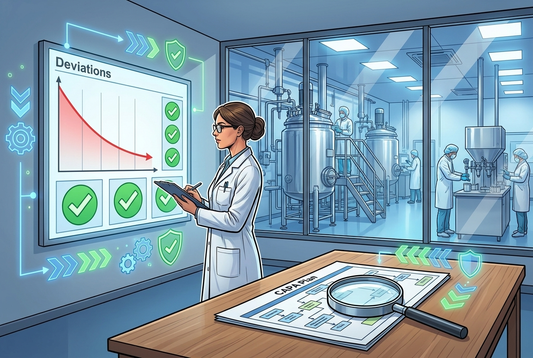 Illustrazione editoriale GuideGxP a colori sul tema GMP: verifica di efficacia delle CAPA con trend delle deviazioni in calo.