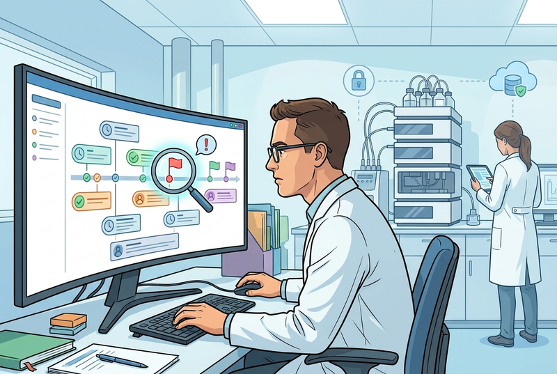 Illustrazione editoriale GuideGxP a colori sul tema GMP: audit trail review di sistemi computerizzati per la data integrity.