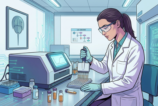Illustrazione editoriale GuideGxP a colori sul tema GMP: test delle endotossine batteriche LAL nel laboratorio di controllo qualità.