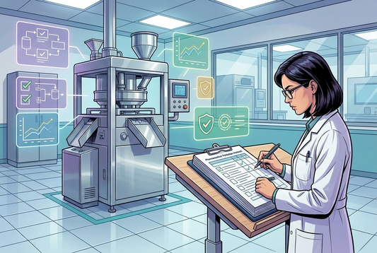 Illustrazione editoriale GuideGxP a colori sul tema GMP: protocollo di convalida di processo farmaceutico.
