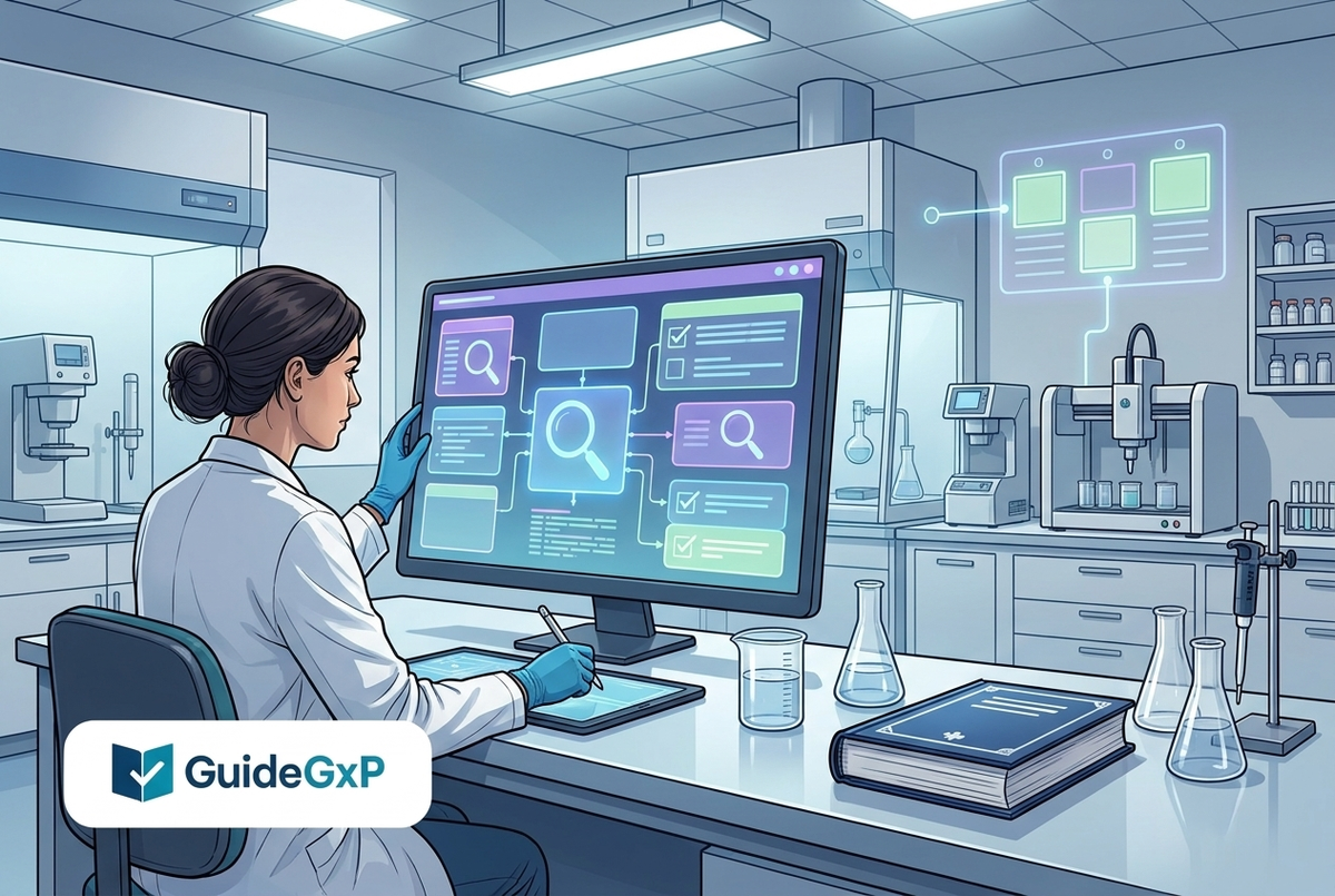 Illustrazione editoriale GuideGxP a colori sul tema GMP: la Farmacopea Europea 12ª edizione online-only consultata da un analista QC in laboratorio.