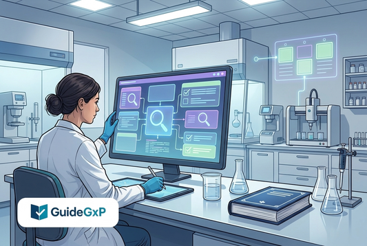Illustrazione editoriale GuideGxP a colori sul tema GMP: la Farmacopea Europea 12ª edizione online-only consultata da un analista QC in laboratorio.
