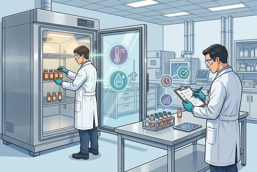 Illustrazione editoriale GuideGxP a colori sul tema GMP: stability testing ICH Q1 con camere climatiche in laboratorio QC.