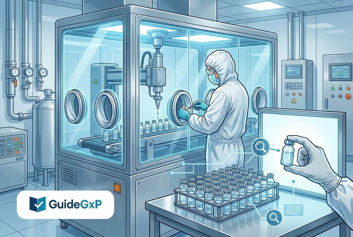 Illustrazione editoriale GuideGxP a colori sul tema GMP: media fill e Aseptic Process Simulation in un isolatore sterile.