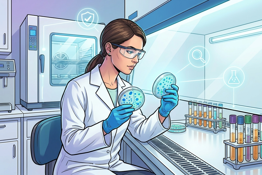 Illustrazione editoriale GuideGxP a colori sul tema GMP: test dei limiti microbici USP <61> e <62> in un laboratorio di microbiologia farmaceutica.