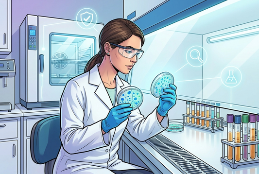 Illustrazione editoriale GuideGxP a colori sul tema GMP: test dei limiti microbici USP <61> e <62> in un laboratorio di microbiologia farmaceutica.