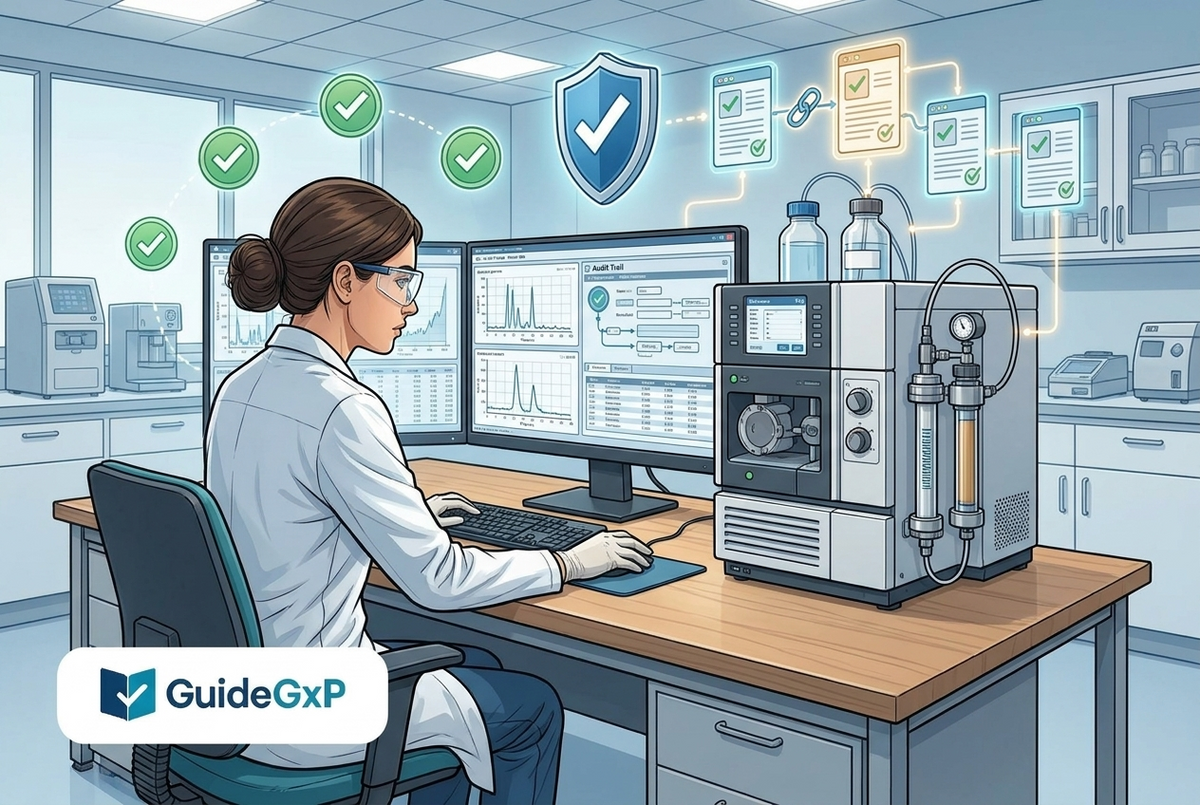 Illustrazione editoriale GuideGxP a colori sul tema GMP: principi ALCOA Plus e data integrity nei laboratori QC.