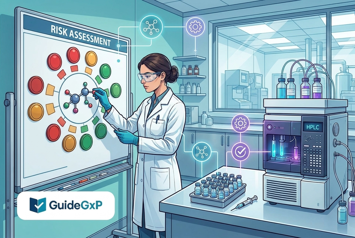 Illustrazione editoriale GuideGxP a colori sul tema GMP: nitrosamine risk assessment, specialista QA con schema di valutazione del rischio e strumentazione di laboratorio.