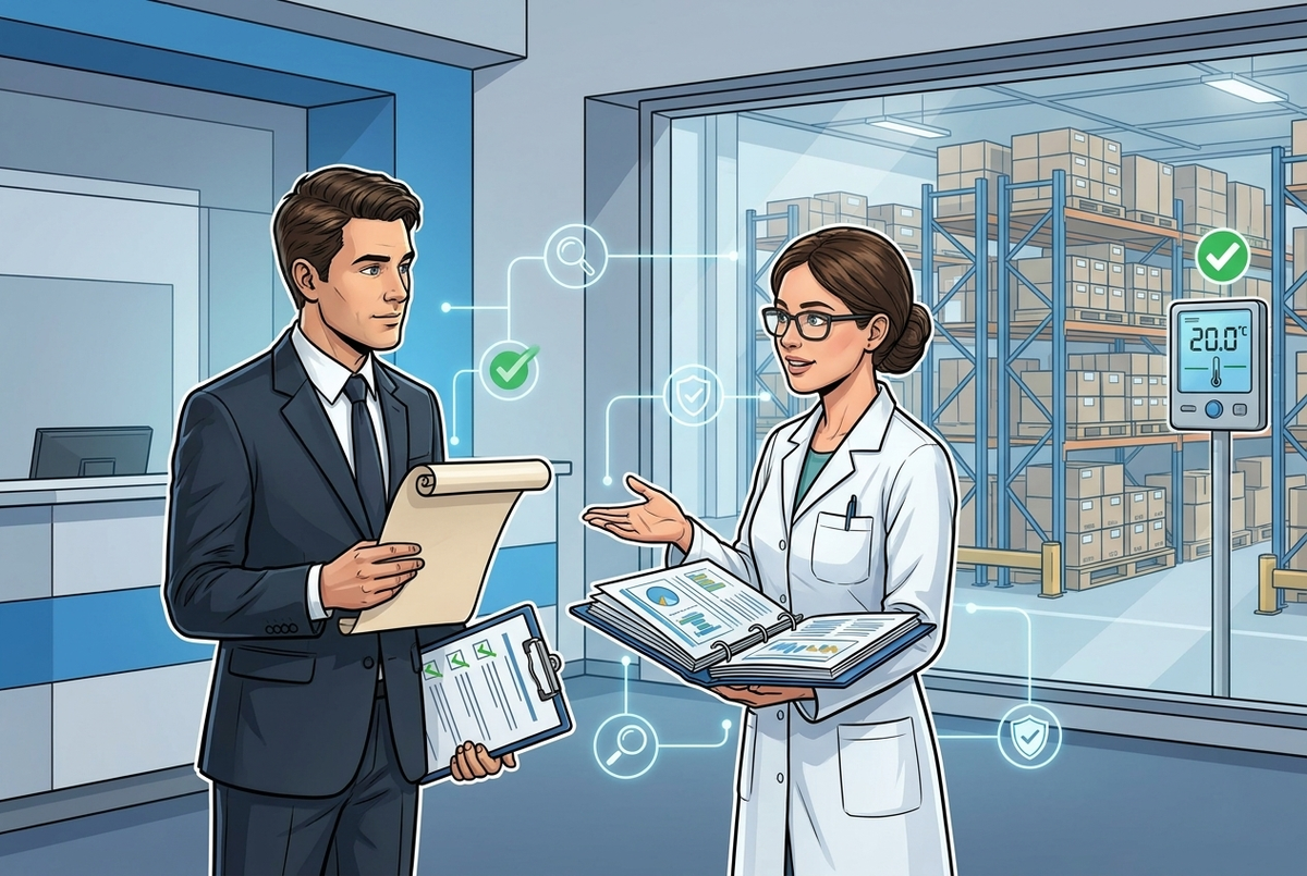 Illustrazione editoriale GuideGxP a colori sul tema GMP: visita di verifica sanitaria COFEPRIS in uno stabilimento farmaceutico.