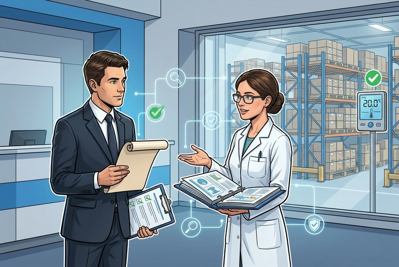 Illustrazione editoriale GuideGxP a colori sul tema GMP: visita di verifica sanitaria COFEPRIS in uno stabilimento farmaceutico.